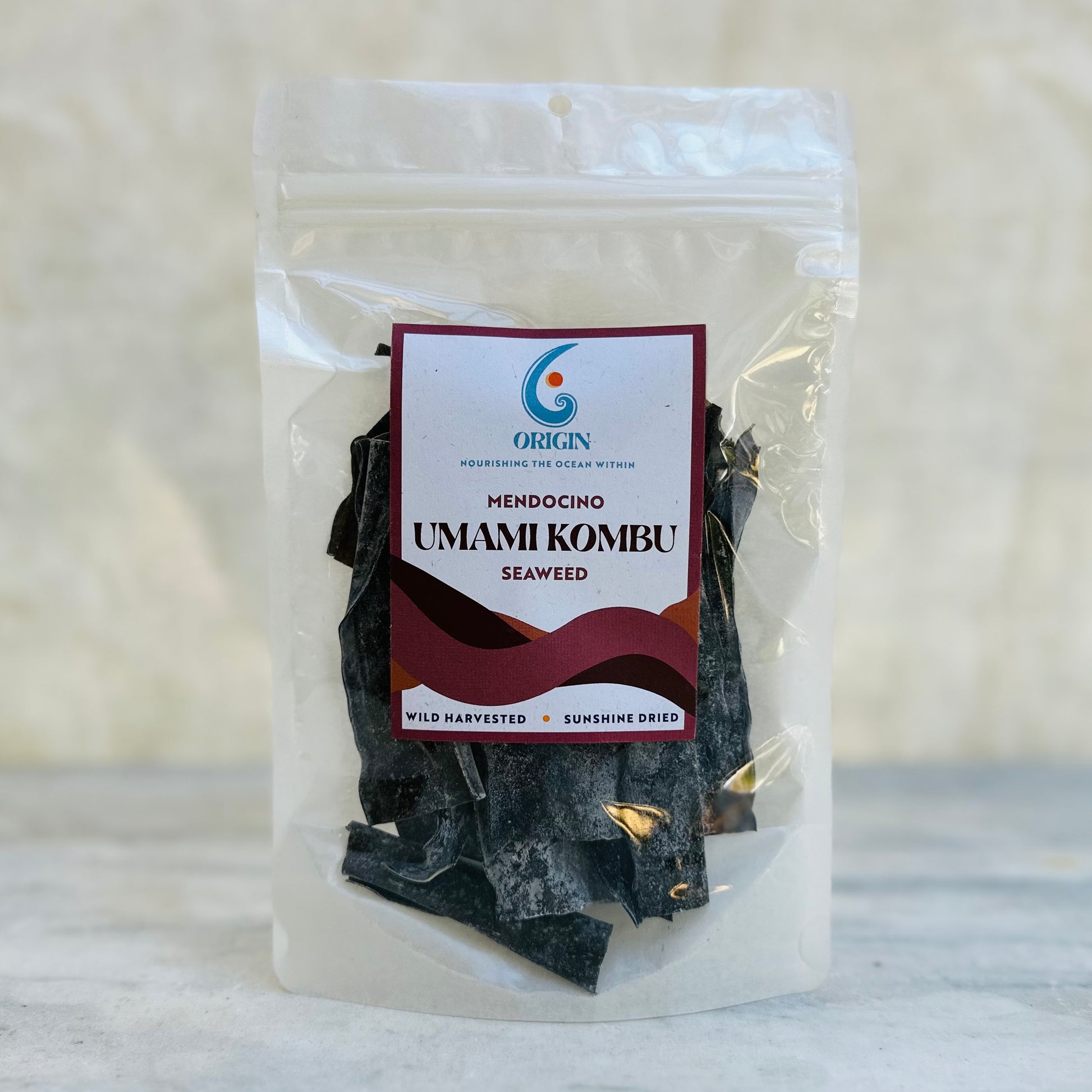 origin seaweed wild dried umami kombu in a clear compostable bag