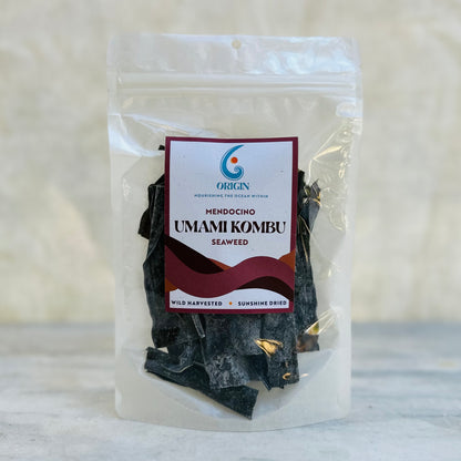 origin seaweed wild dried umami kombu in a clear compostable bag